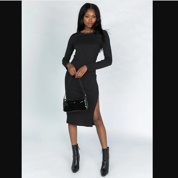 Princess Polly Dresses & Skirts - Princess Polly Lioness Black Don't Blame Me Long Sleeve Side Slit Dress S